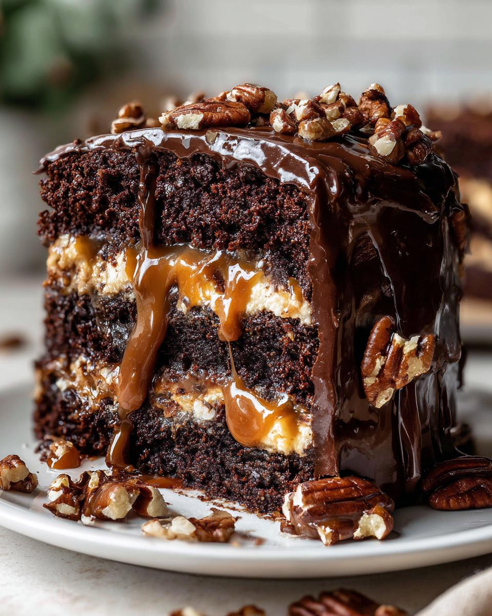 A rich slice of chocolate turtle cake layered with caramel and cream, topped with chocolate ganache and pecans.