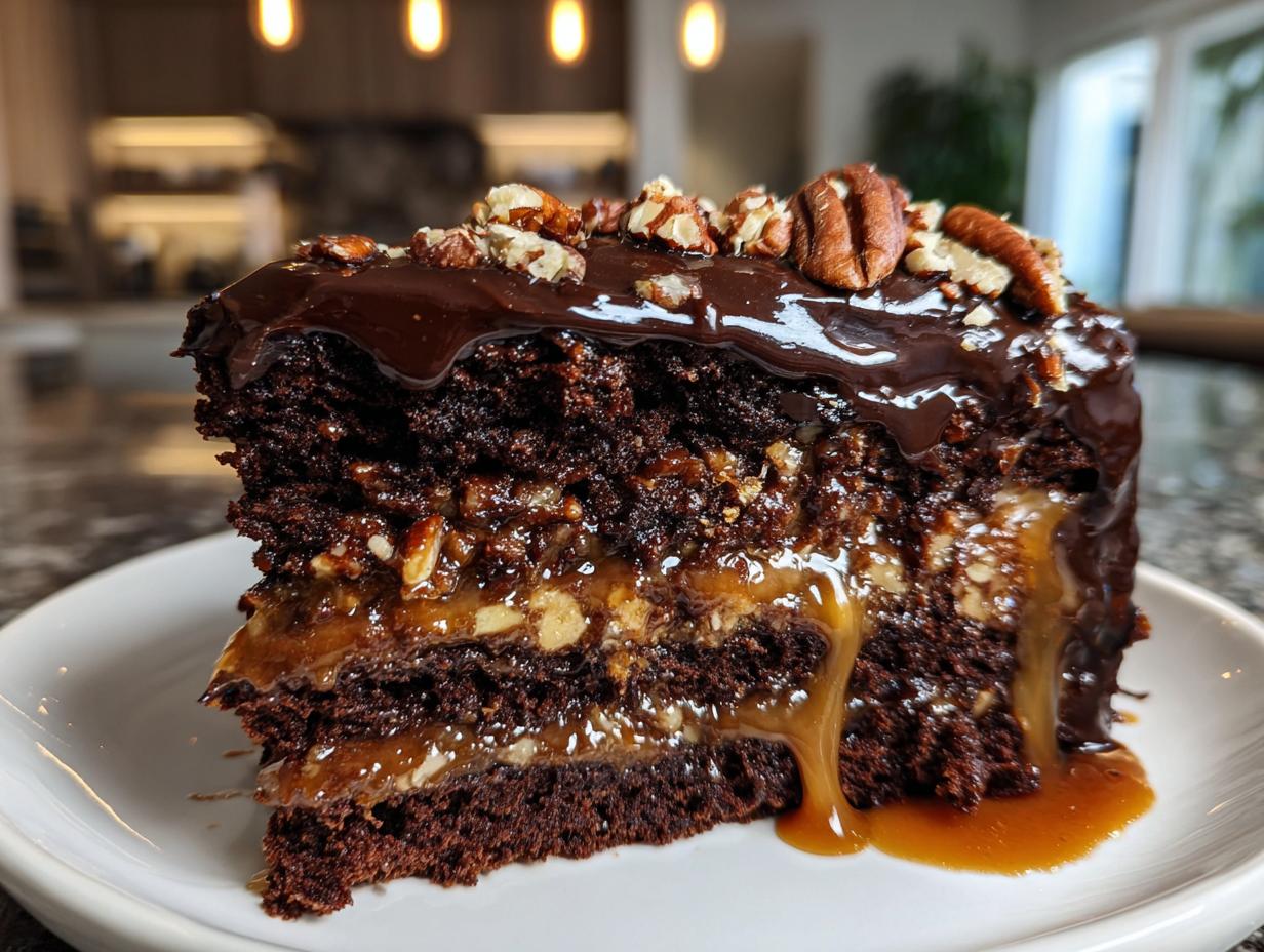 A rich slice of chocolate turtle cake, layered with caramel and pecans, topped with chocolate ganache and whole pecans.
