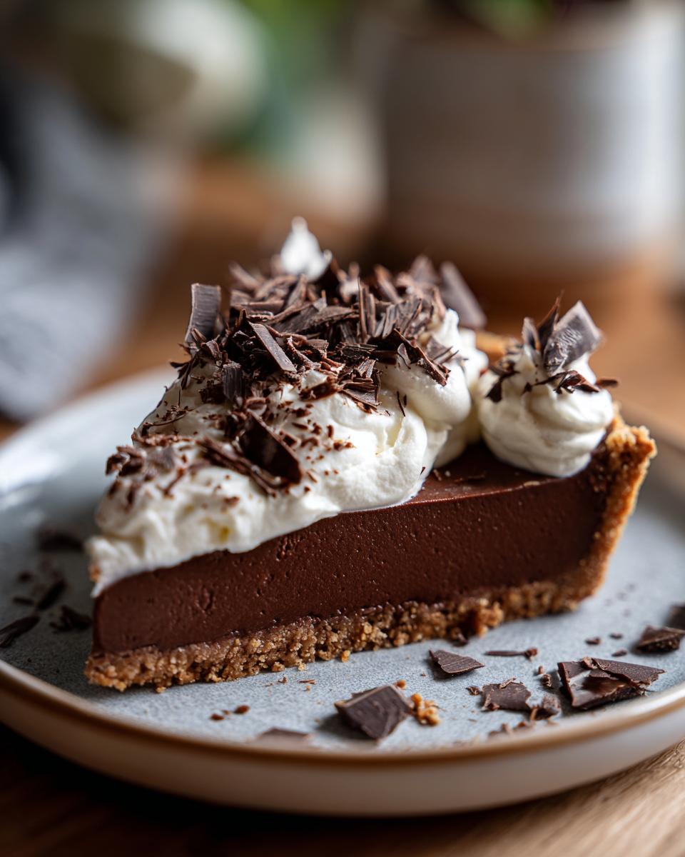 A slice of rich Christmas Chocolate Pie topped with whipped cream and chocolate shavings on a plate.
