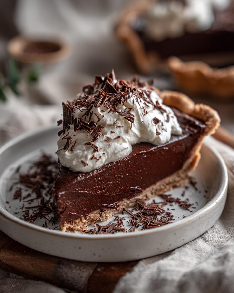 A slice of rich Christmas chocolate pie topped with whipped cream and chocolate shavings.