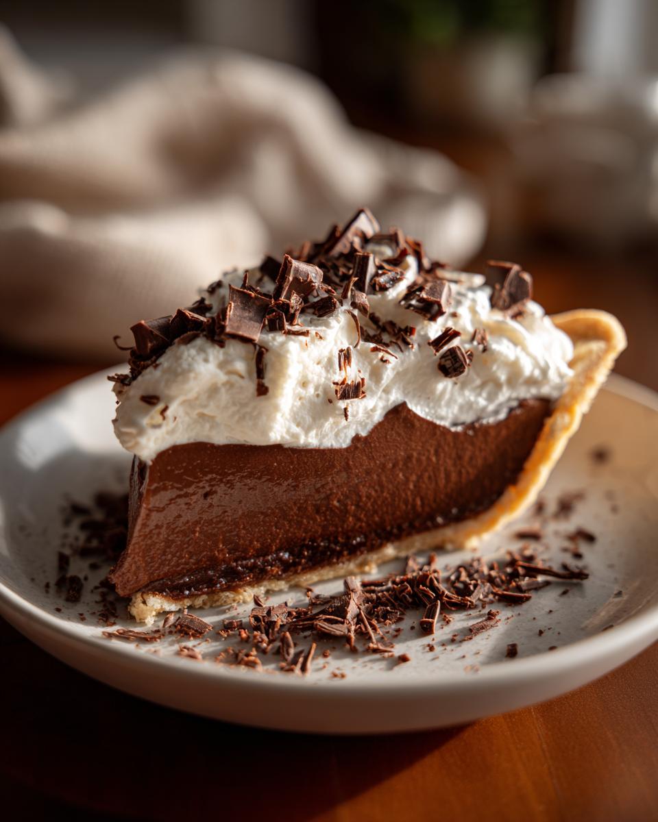 A decadent slice of Christmas chocolate pie topped with whipped cream and chocolate shavings.