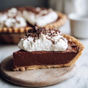 A decadent slice of Christmas chocolate pie topped with whipped cream and chocolate shavings.