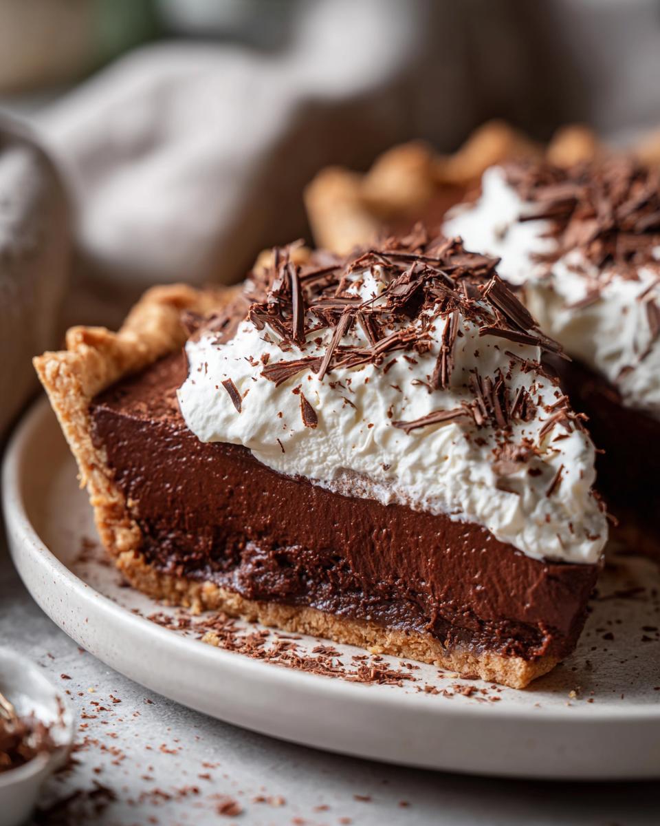 A decadent slice of Christmas chocolate pie topped with whipped cream and chocolate shavings.