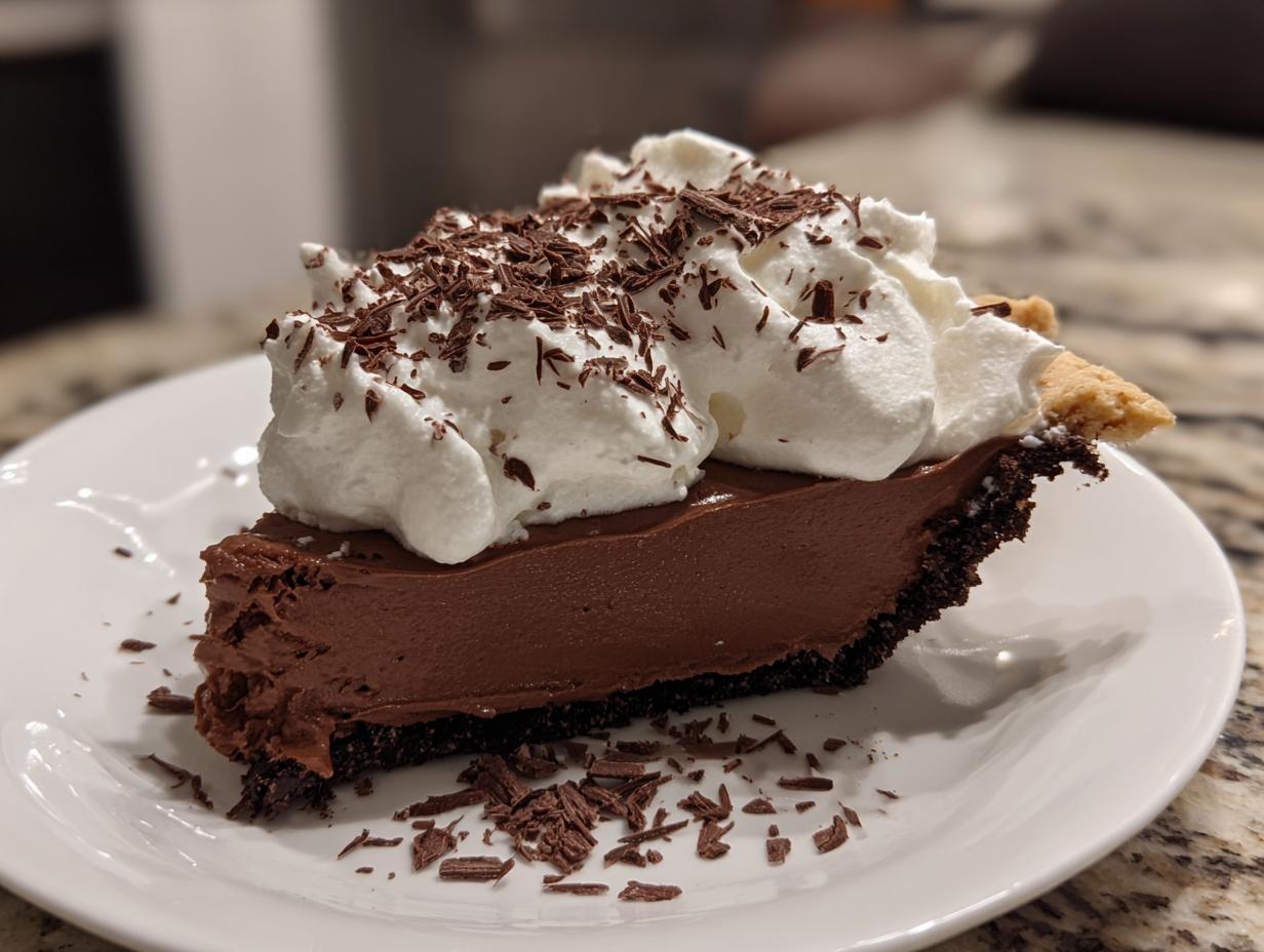 A decadent slice of Christmas chocolate pie topped with fluffy whipped cream and chocolate shavings.