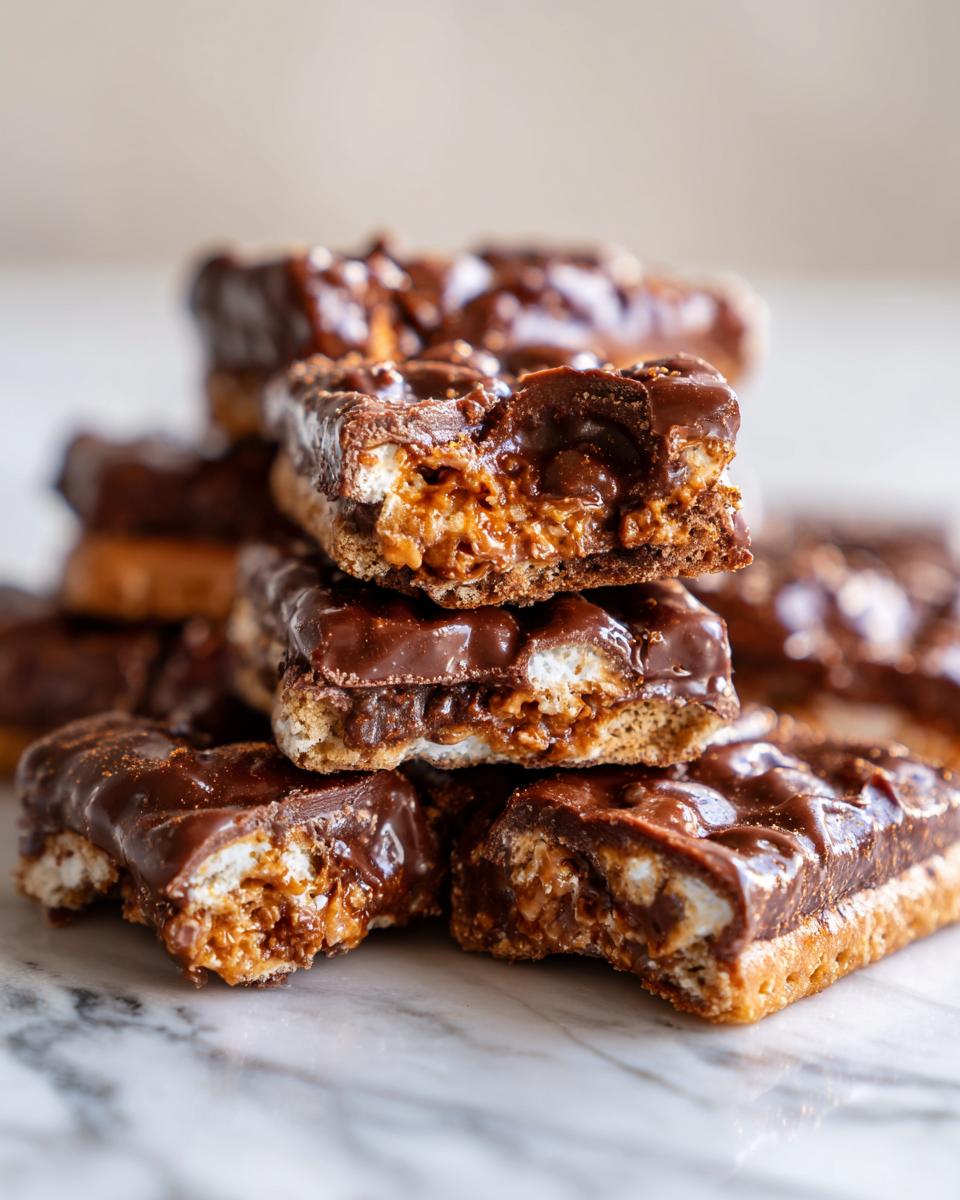 A stack of chocolate-covered churro cracker candy bars, with a bite taken out of one.