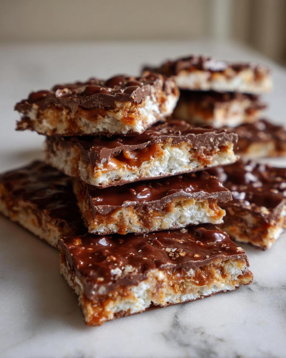 A stack of delicious churro cracker candy bars with a chocolate and caramel topping.
