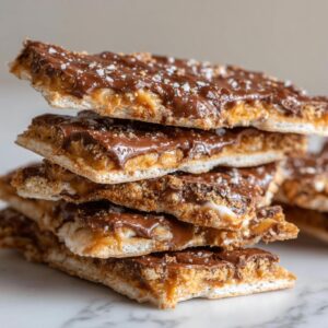 A stack of delicious churro cracker candy pieces topped with chocolate and sprinkled with sea salt.
