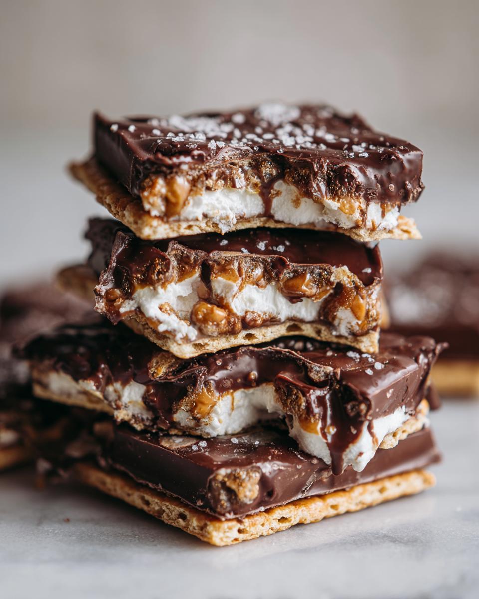 A stack of delicious churro cracker candy squares, featuring chocolate, marshmallows, and caramel.