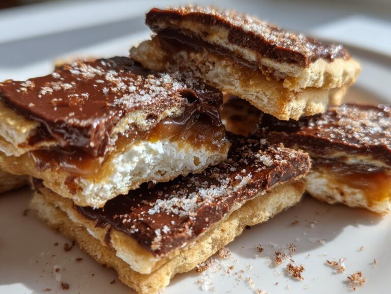A close-up stack of delicious Churro cracker candy, featuring layers of chocolate, caramel, and marshmallow.