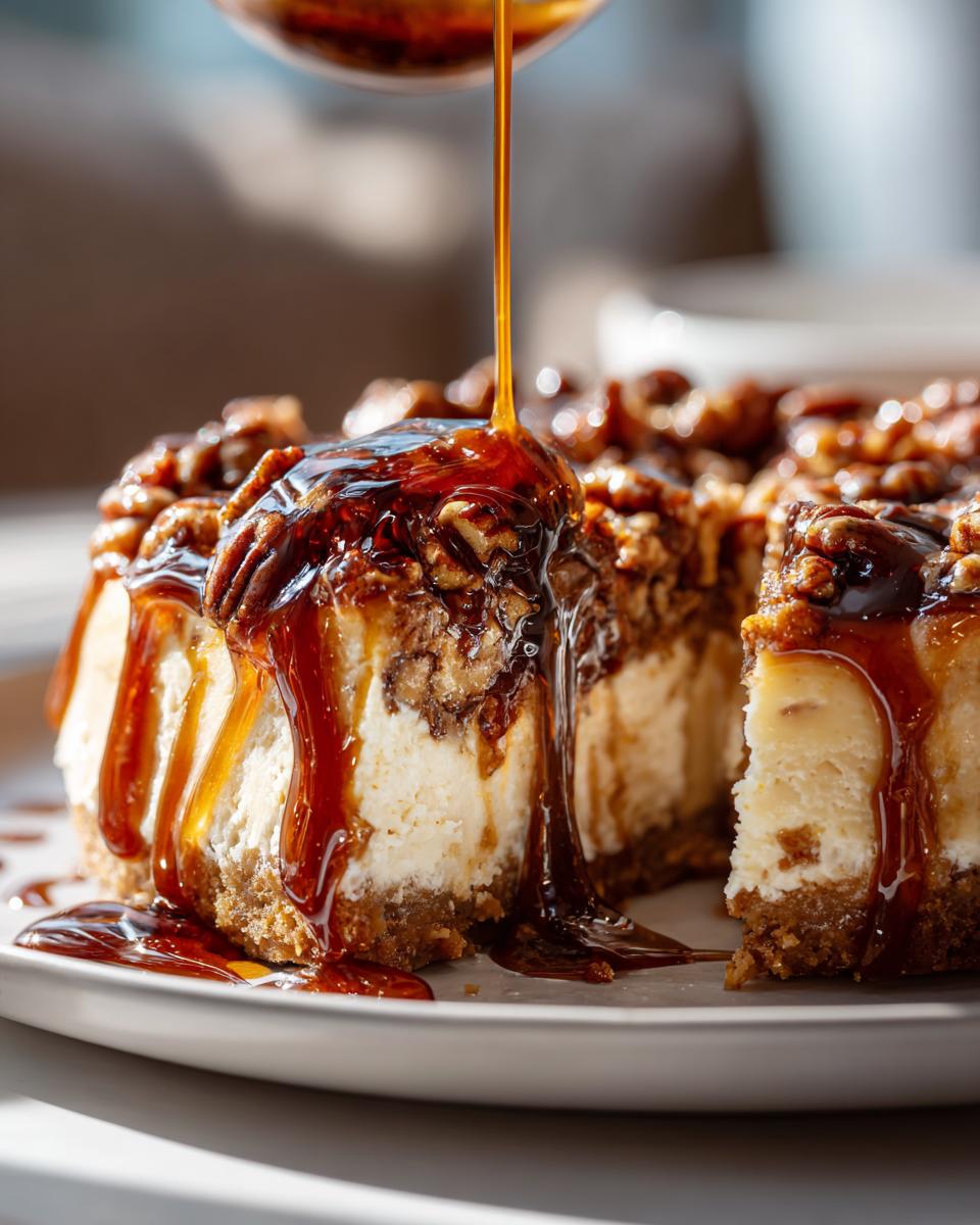 A slice of Cinnamon Pecan Pie Cheesecake being drizzled with rich caramel sauce and topped with pecans.