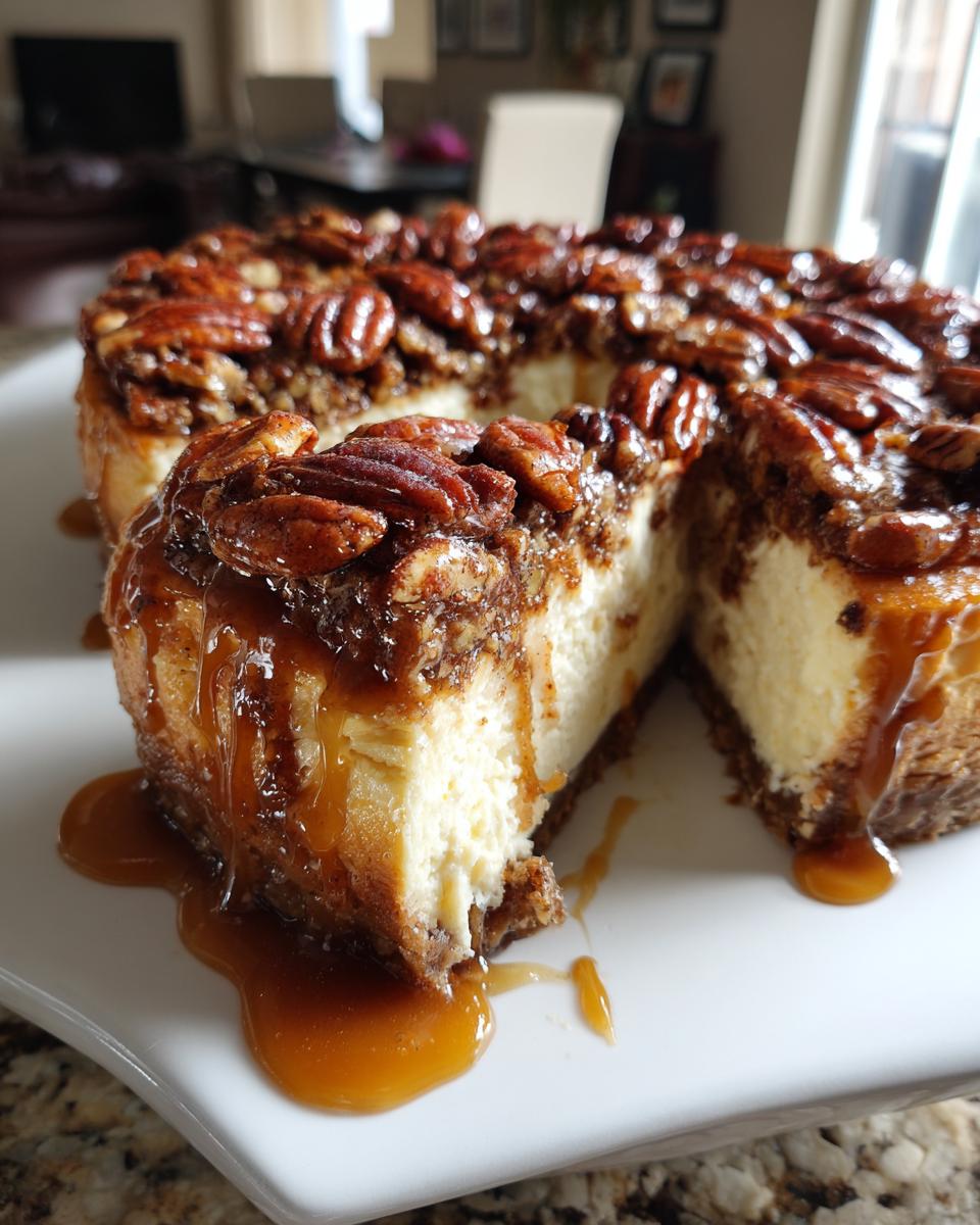 A slice of rich Cinnamon Pecan Pie Cheesecake drizzled with caramel sauce and topped with pecans.