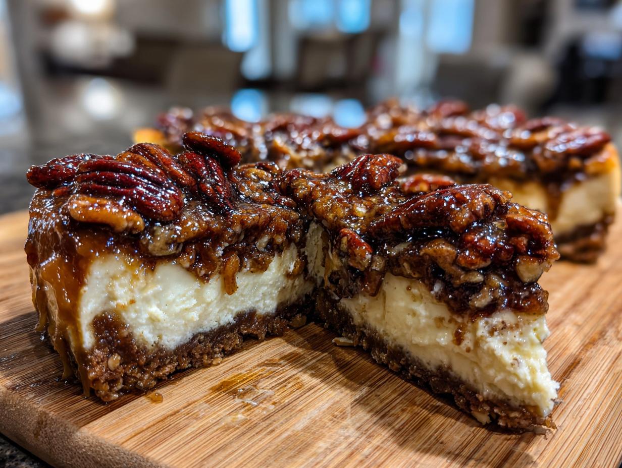 A decadent slice of Cinnamon Pecan Pie Cheesecake with a rich pecan topping and creamy cheesecake filling.