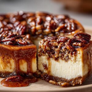 A decadent slice of Cinnamon Pecan Pie Cheesecake, showcasing a creamy filling and a rich pecan topping with caramel drizzle.