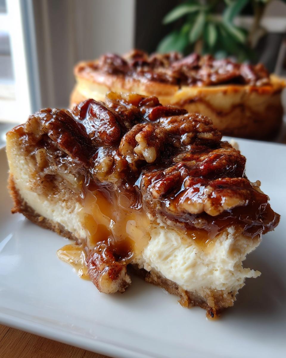 A decadent slice of cinnamon pecan pie cheesecake, topped with glazed pecans and caramel.