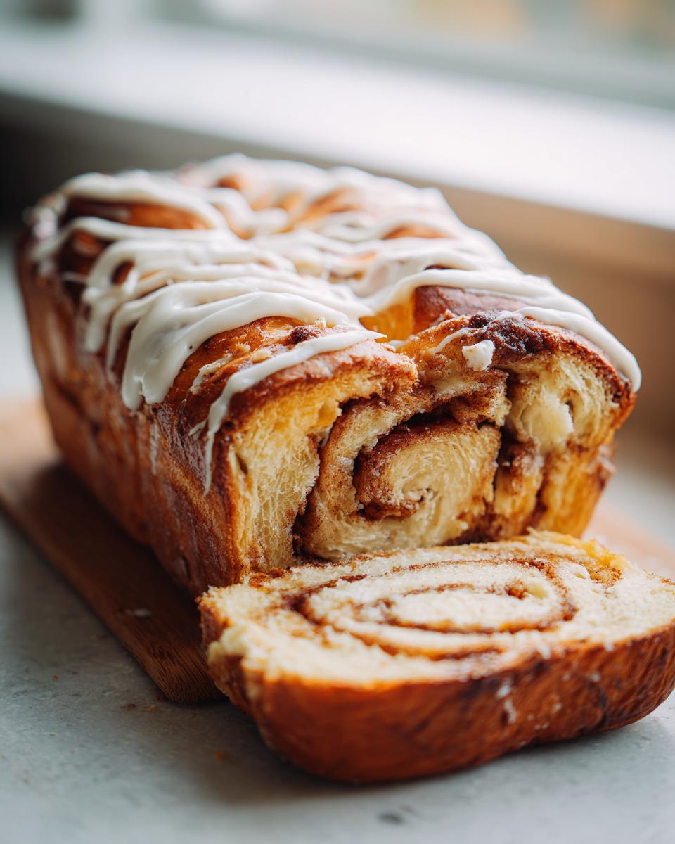 A loaf of Cinnamon Roll Sourdough Focaccia, sliced to reveal swirls of cinnamon and topped with a white glaze.