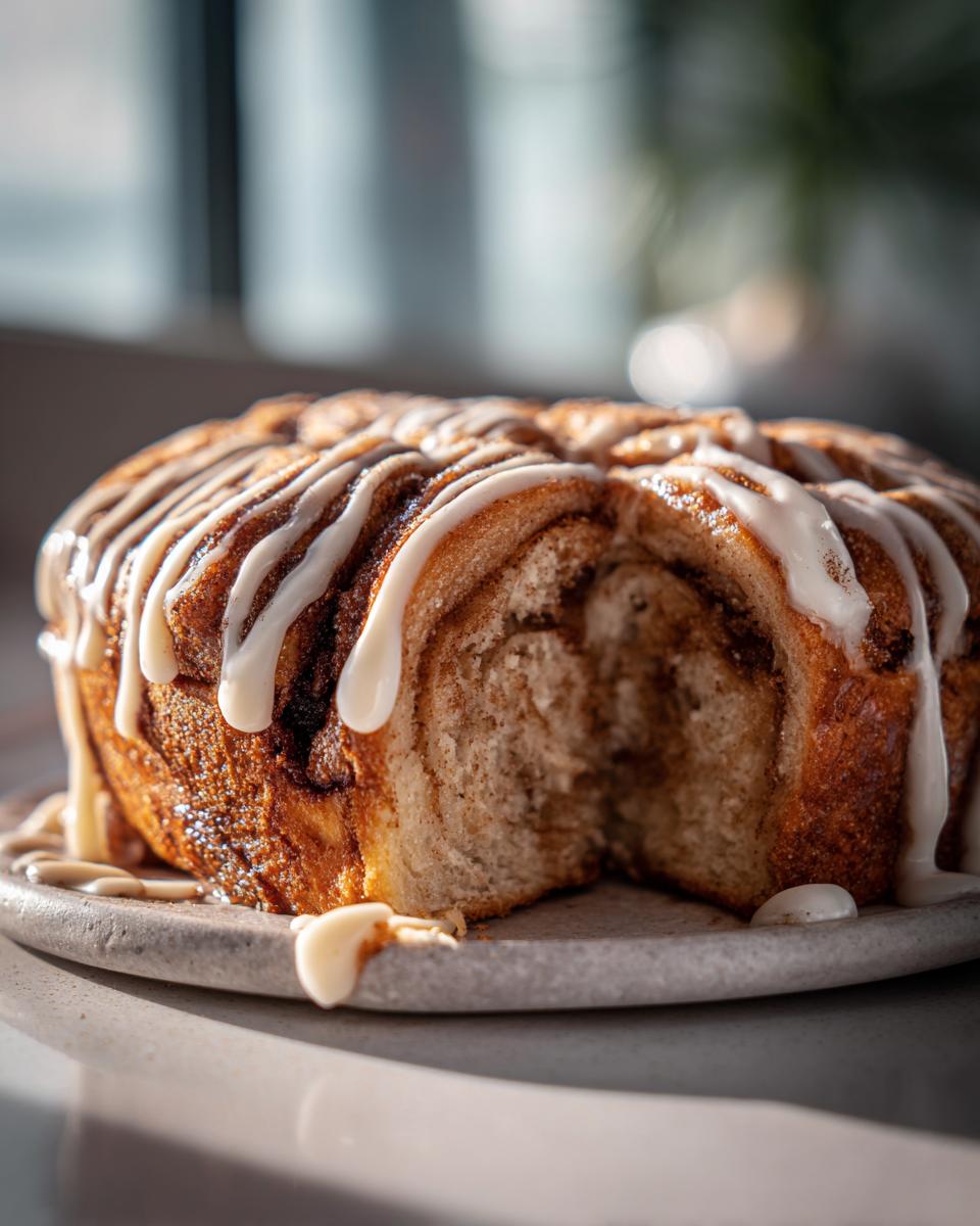 A close-up of a Cinnamon Roll Sourdough Focaccia, swirled with cinnamon and topped with a white glaze.