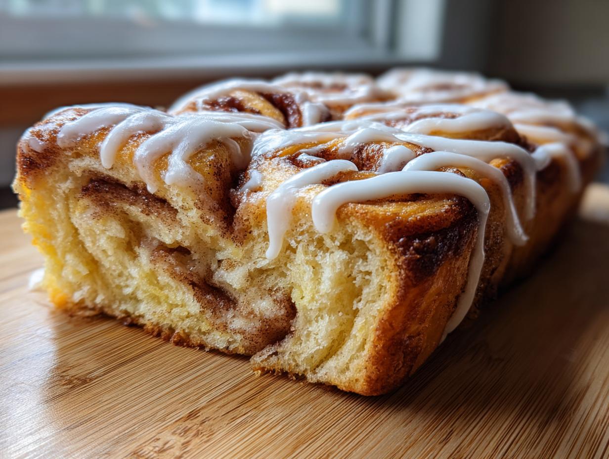 A close-up of a cinnamon roll sourdough focaccia loaf, drizzled with white glaze, on a wooden board.