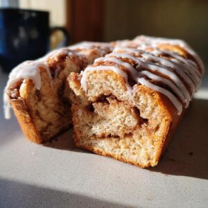 A close-up of a sliced cinnamon roll sourdough focaccia loaf drizzled with white icing.