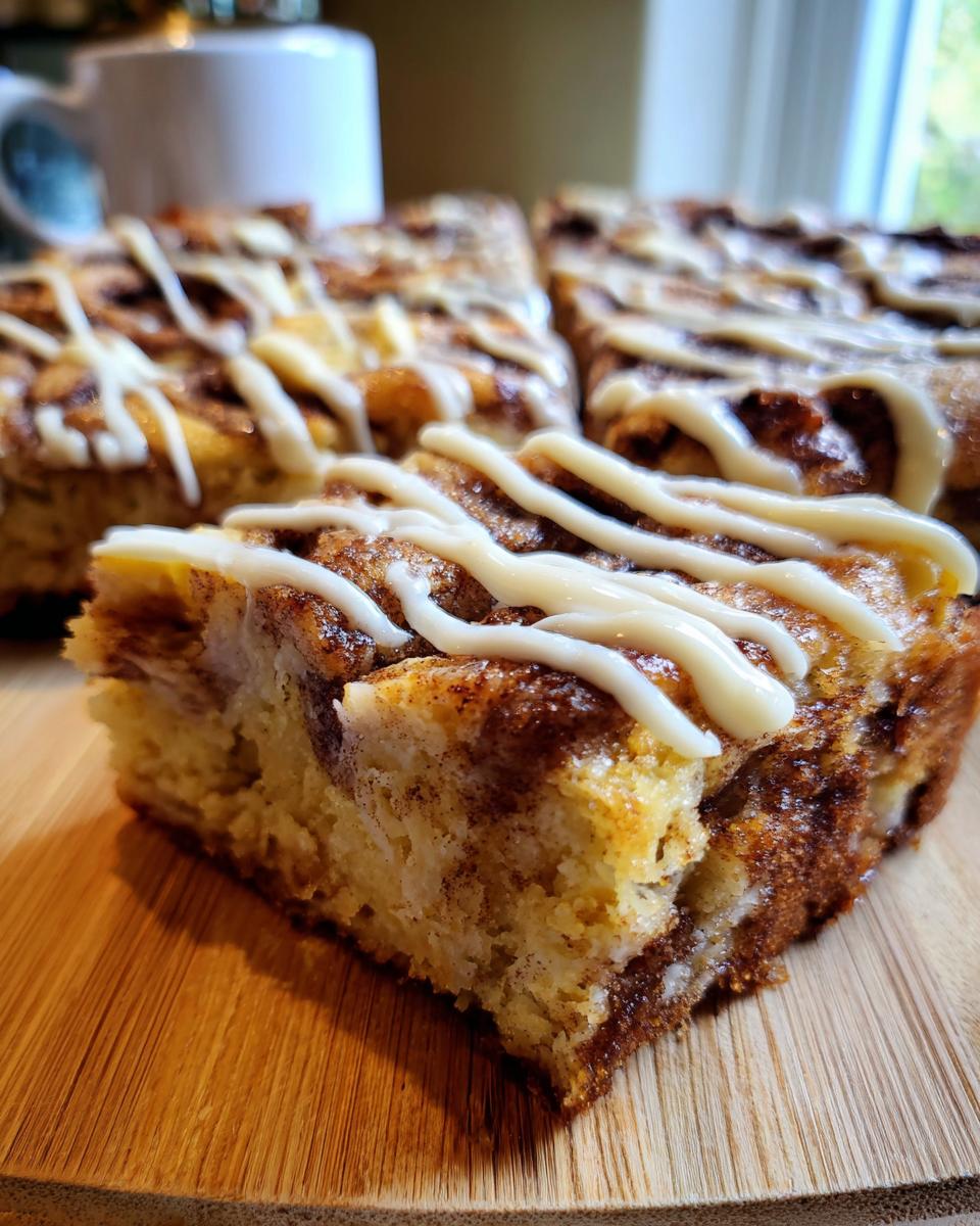 A close-up of a slice of Cinnamon Roll Sourdough Focaccia, drizzled with white icing.