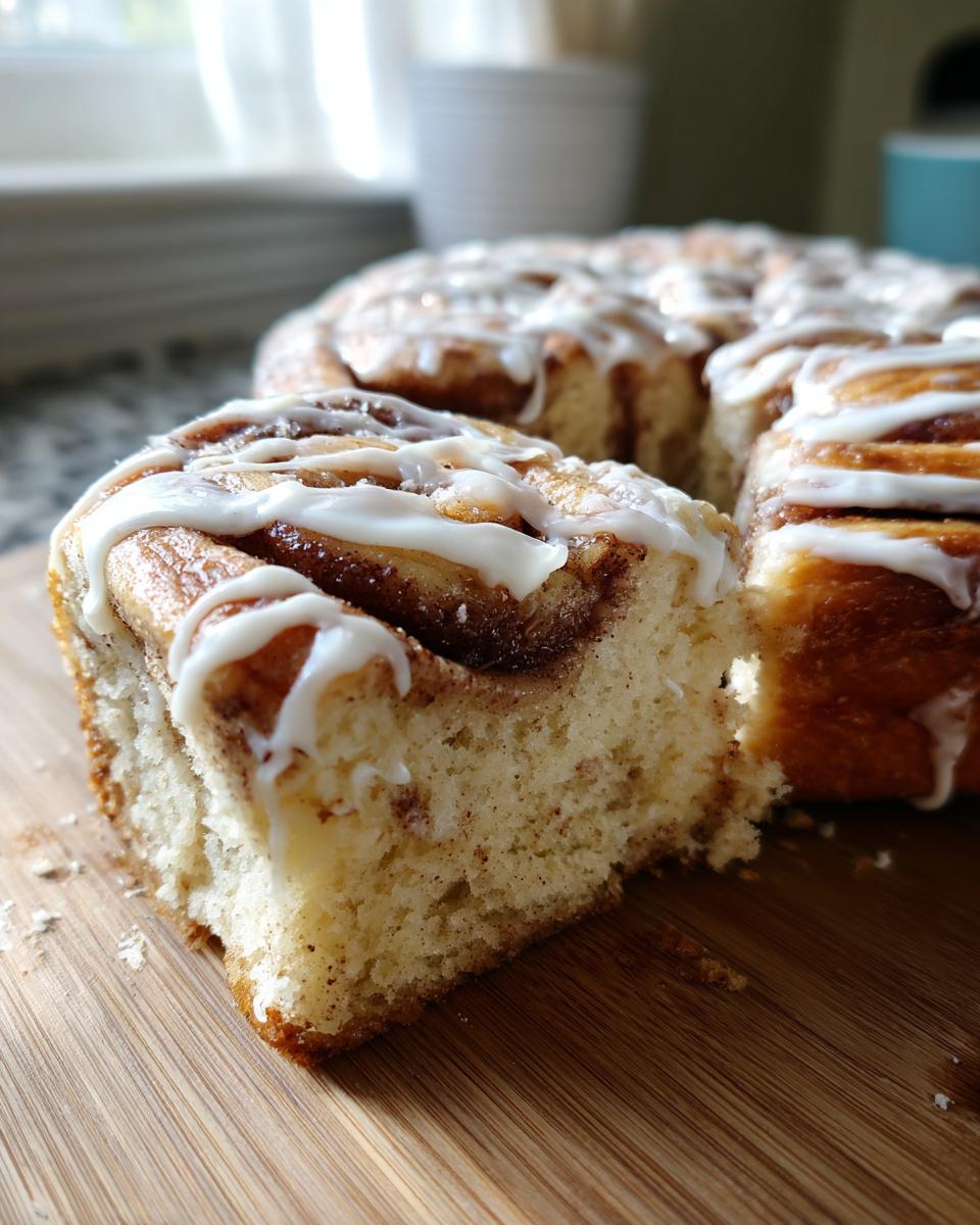 A close-up of a slice of cinnamon roll sourdough focaccia, showing the swirl of cinnamon and icing.