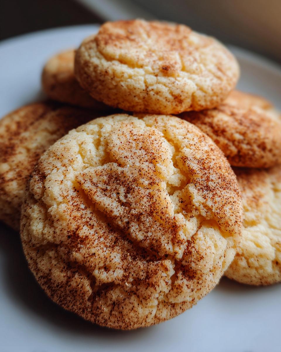 Close-up of a stack of melt-in-your-mouth coffee butter cookies, dusted with cinnamon.