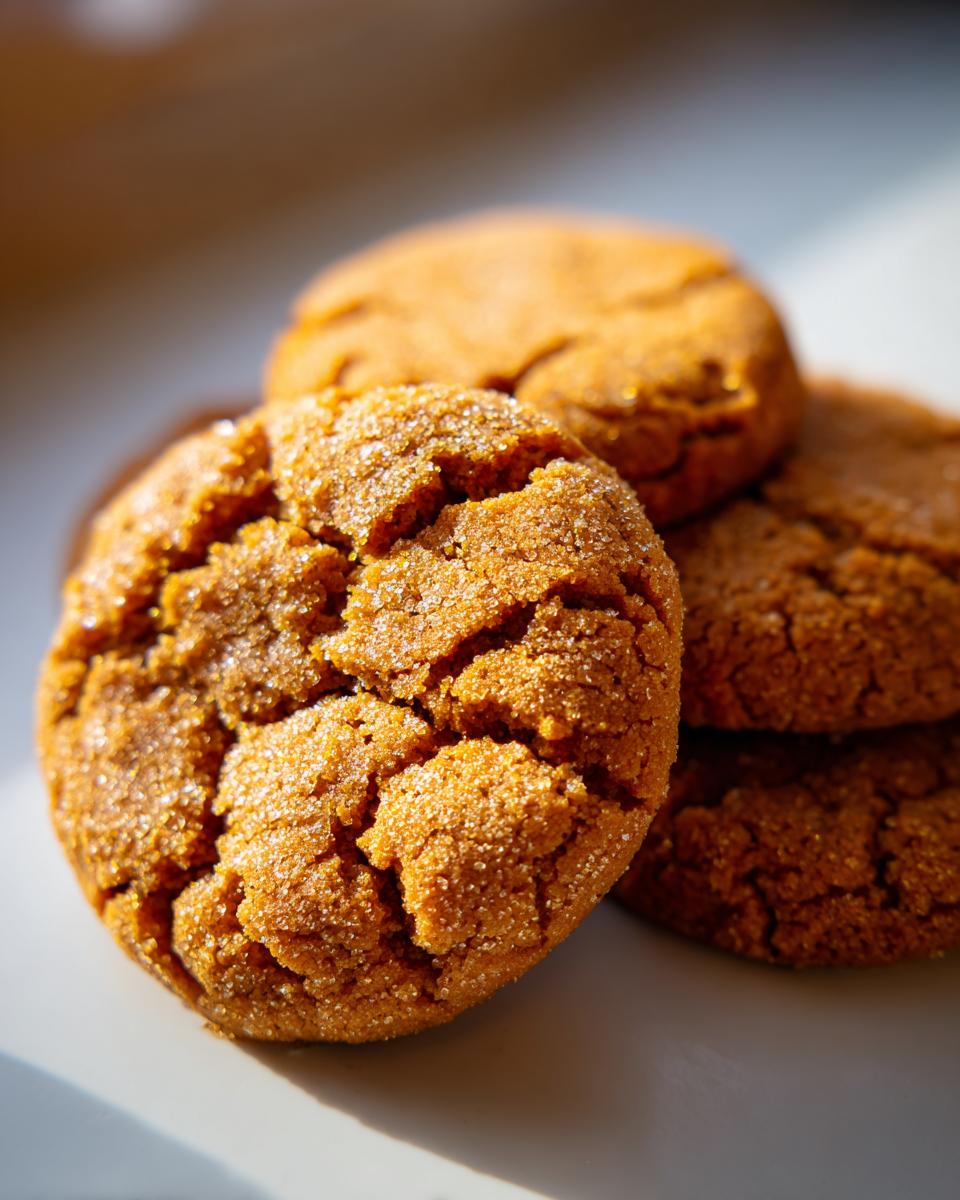 Close-up of three golden brown coffee butter cookies, dusted with sugar, with a cracked surface.