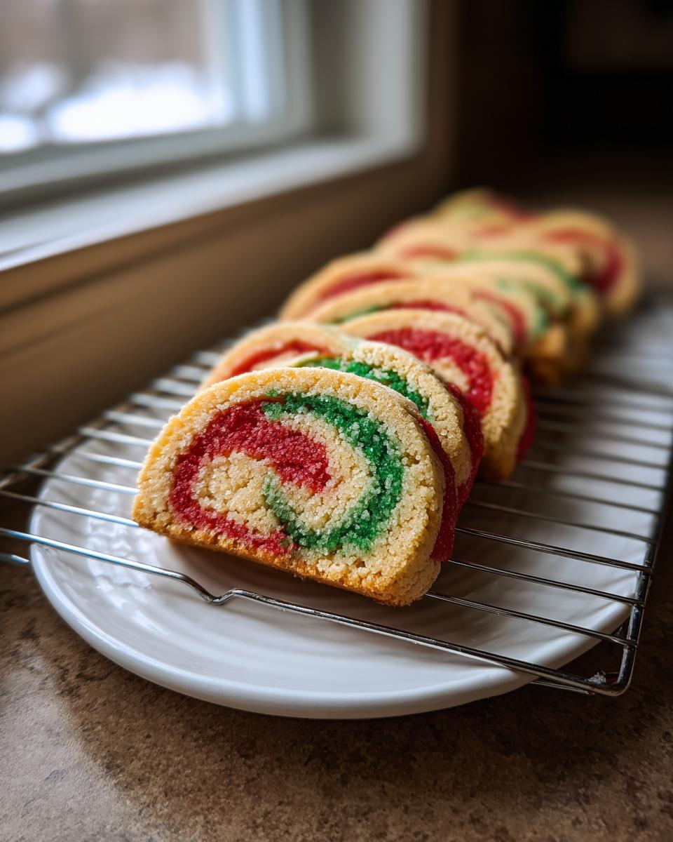 Close-up of colorful red and green pinwheel cookies slices cooling on a wire rack over a white plate.