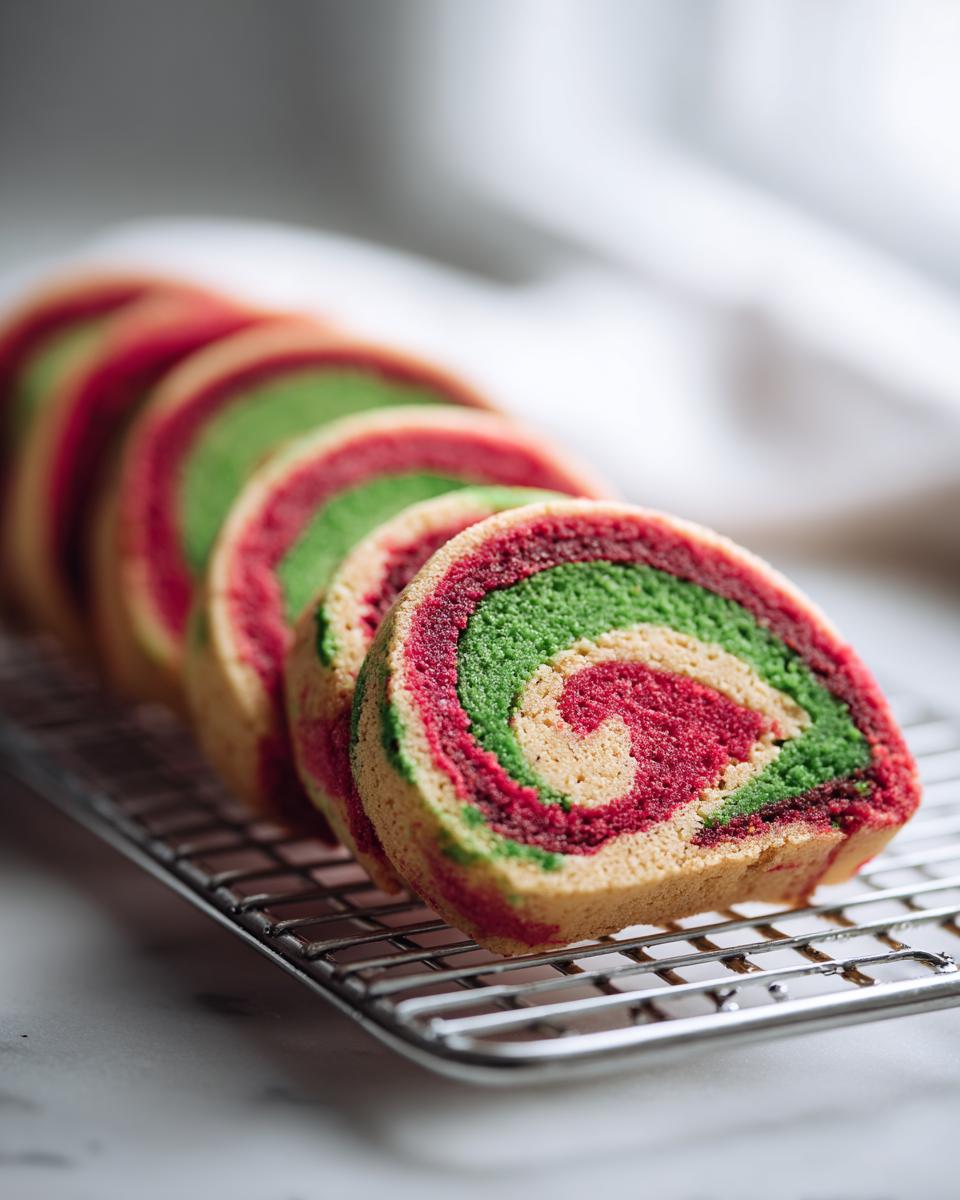 Close-up of several slices of colorful pinwheel cookies showing red, green, and tan swirls on a cooling rack.