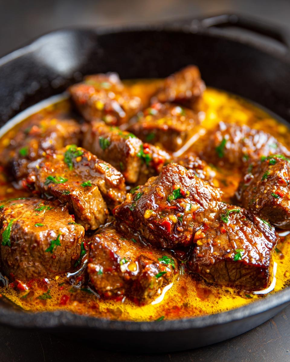Close-up of juicy Cowboy Butter Steak Bites simmering in a rich, buttery sauce in a cast iron skillet.