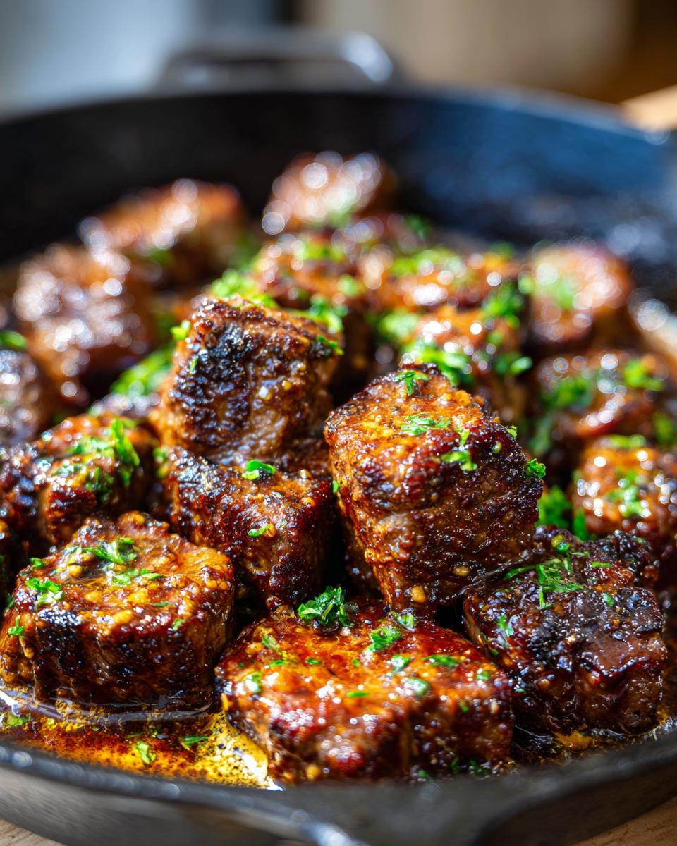 Close-up of juicy Cowboy Butter Steak Bites in a cast iron skillet, garnished with fresh parsley.