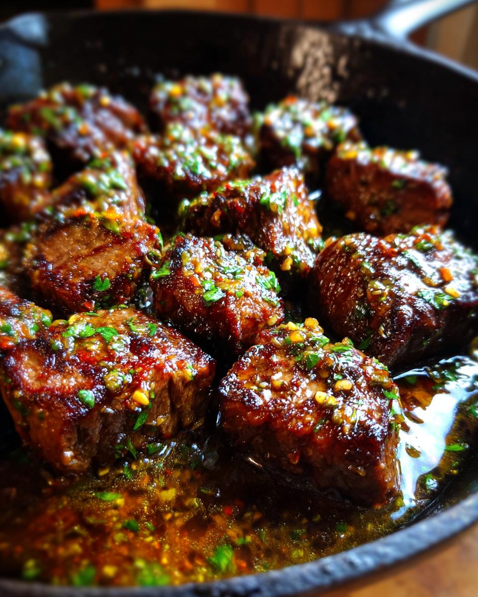 Close-up of juicy Cowboy Butter Steak Bites glistening in a cast iron skillet with melted butter and herbs.