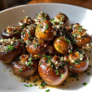 Close-up of glossy cowboy mushrooms, stuffed with garlic and herbs, glistening in a savory sauce.