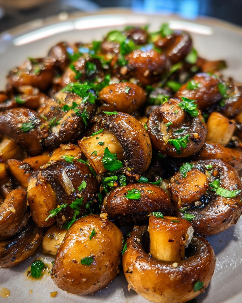 Close-up of glossy, seasoned cowboy mushrooms garnished with fresh parsley.