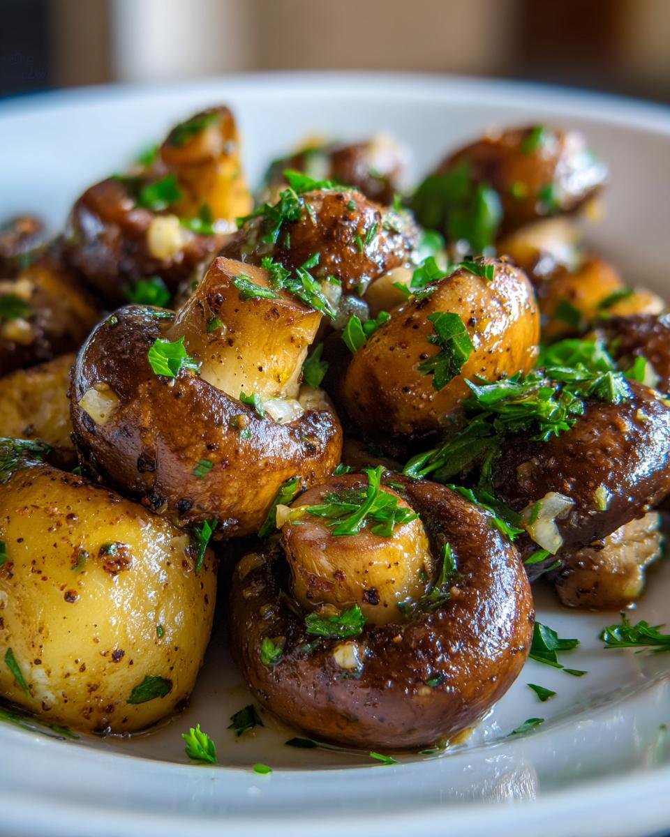 A close-up of glossy cowboy mushrooms seasoned with garlic and fresh parsley.