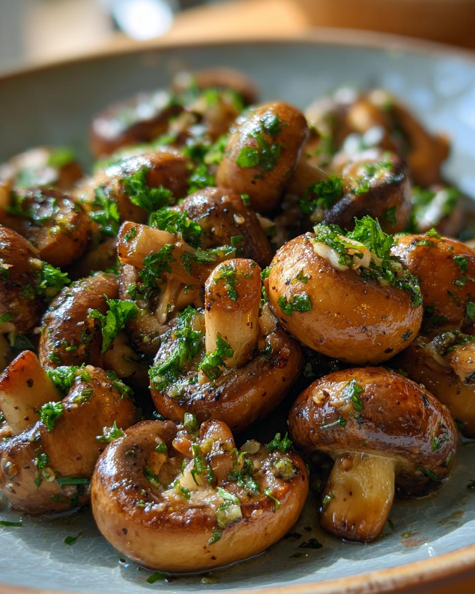 Close-up of savory cowboy mushrooms, glistening with garlic butter and fresh parsley, served in a rustic bowl.