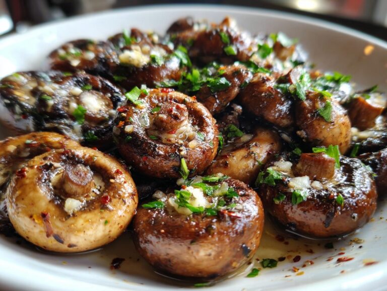 Close-up of a bowl filled with glistening cowboy mushrooms, topped with minced garlic, fresh parsley, and red pepper flakes.