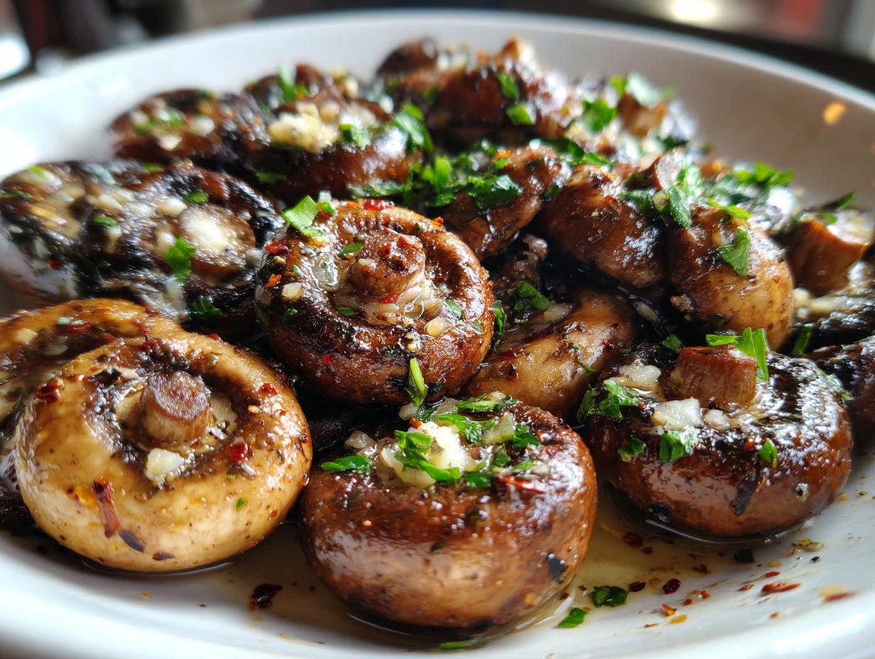 Close-up of a bowl filled with glistening cowboy mushrooms, topped with minced garlic, fresh parsley, and red pepper flakes.