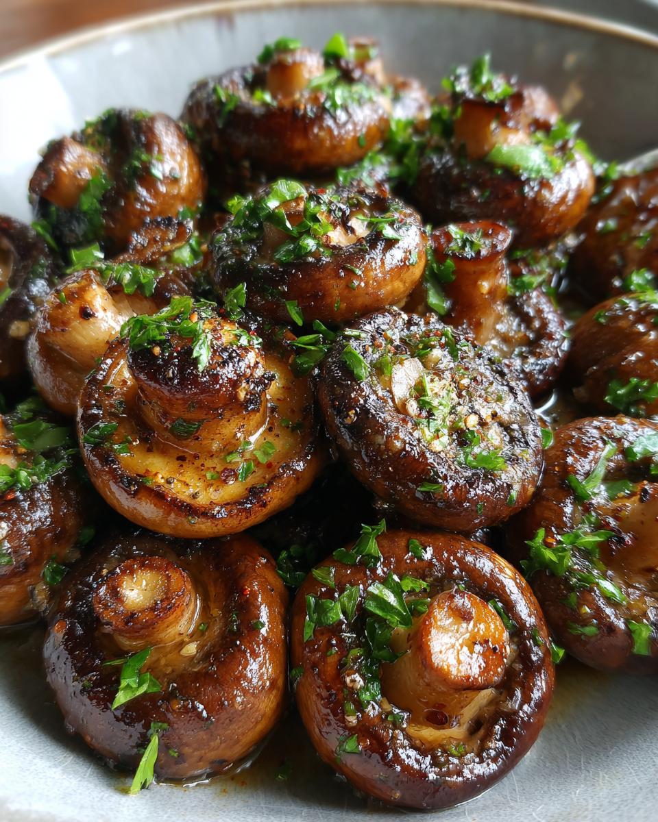 Close-up of a bowl filled with glistening, savory cowboy mushrooms, garnished with fresh parsley.