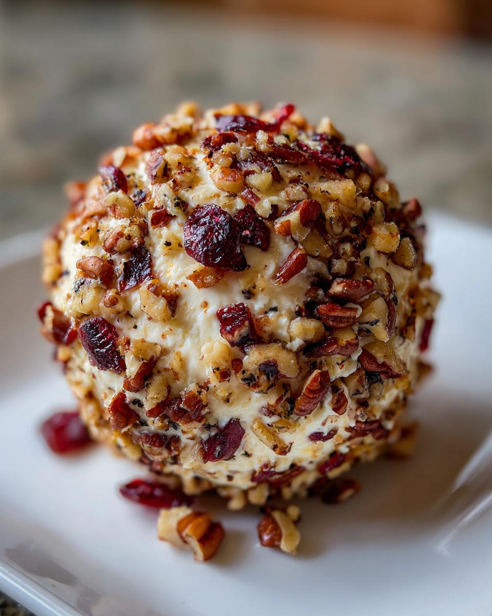 A close-up of a delicious cranberry pecan cheese ball, coated in chopped pecans and dried cranberries, on a white plate.