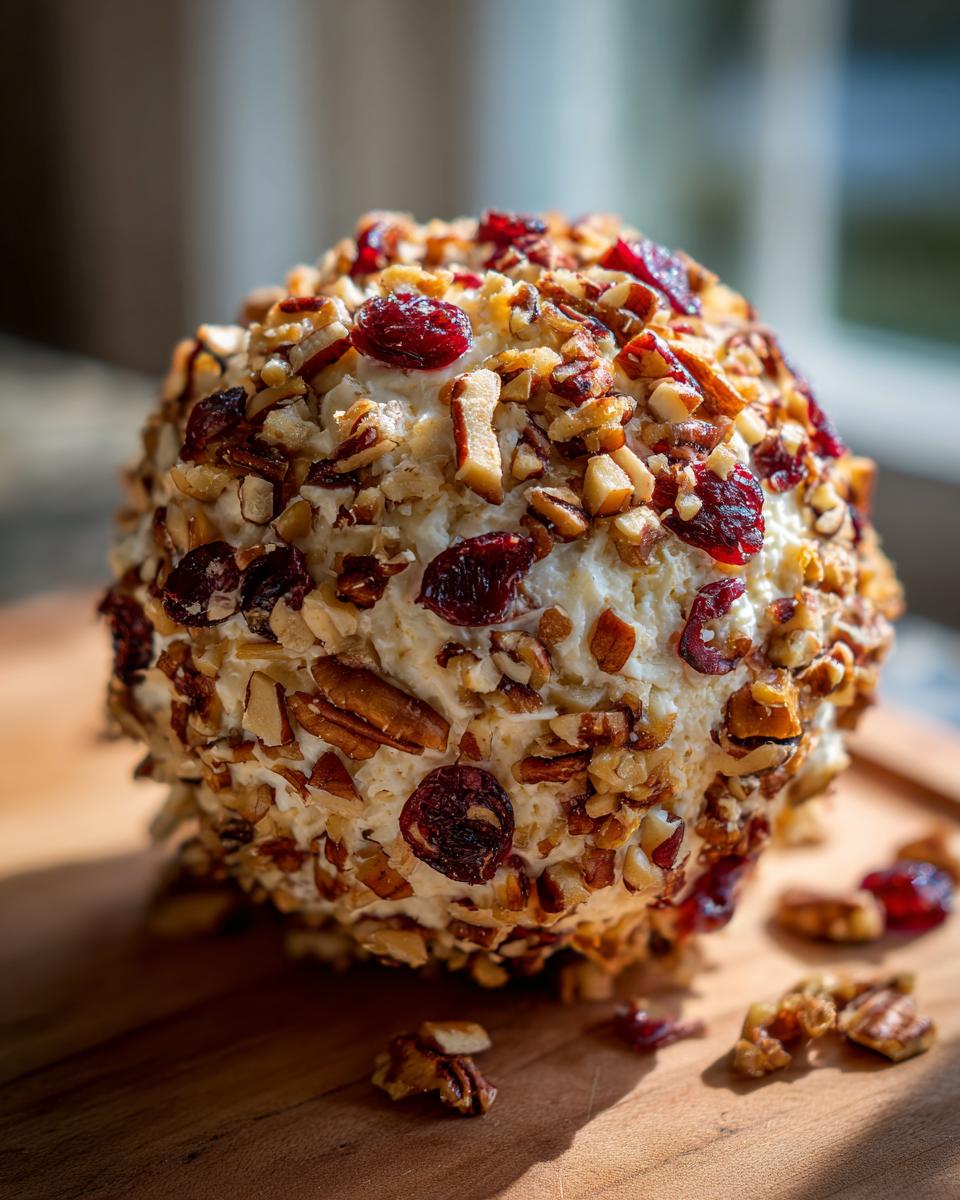 A close-up of a festive Cranberry Pecan Cheese Ball, coated in chopped nuts and dried cranberries.