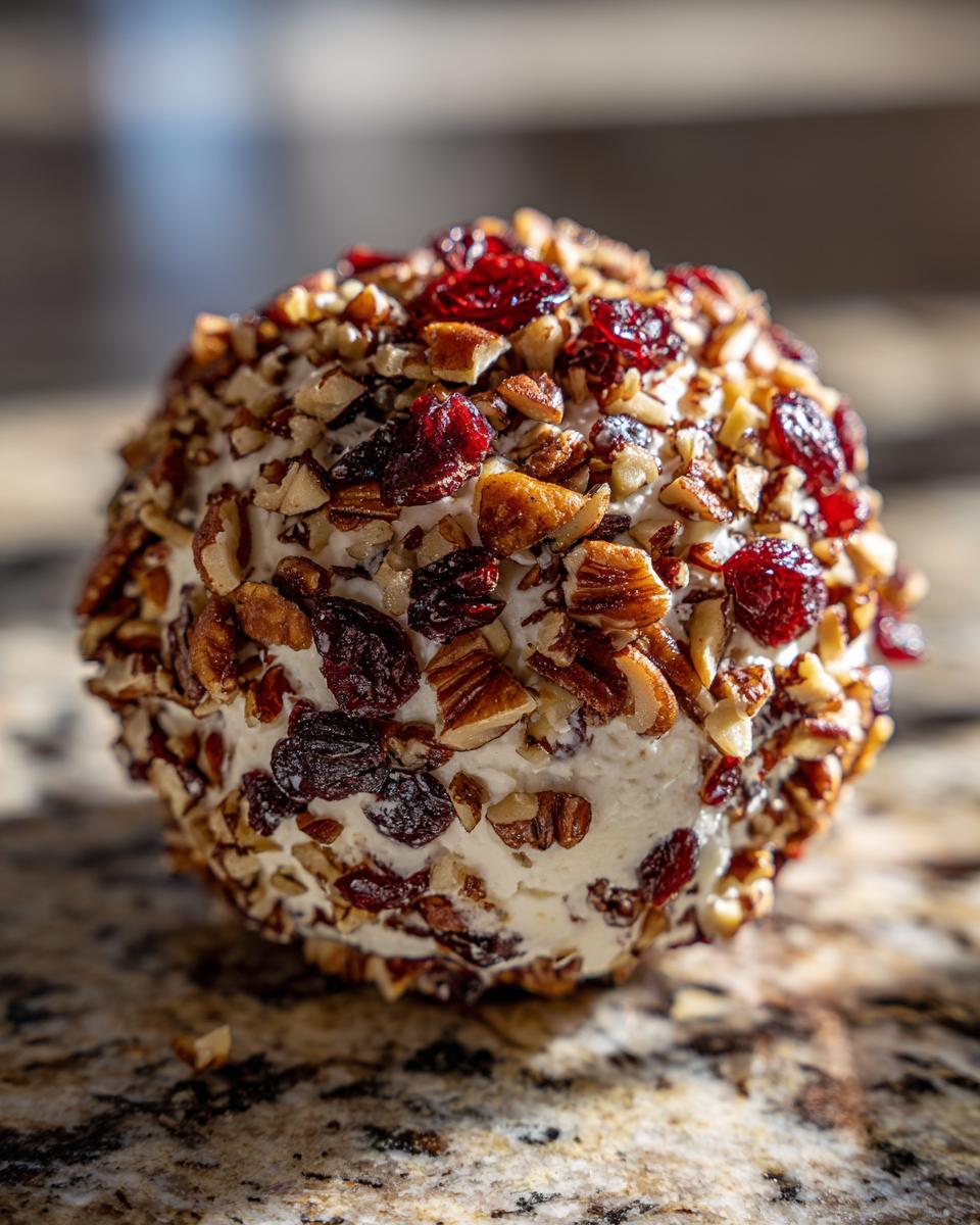 Close-up of a festive cranberry pecan cheese ball, coated in chopped nuts and dried cranberries.