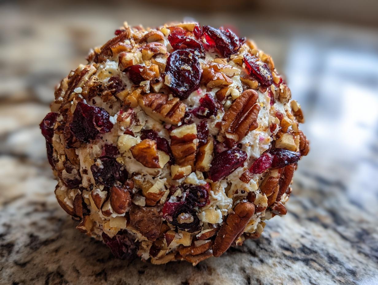 Close-up of a festive Cranberry Pecan Cheese Ball coated in chopped nuts and dried cranberries.