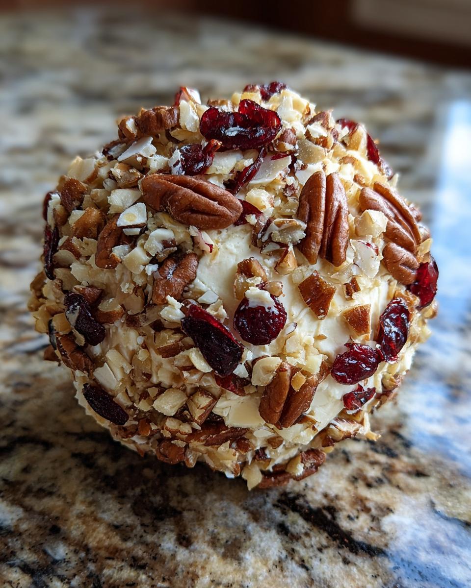 A close-up of a festive cranberry pecan cheese ball, coated in chopped nuts and dried cranberries.