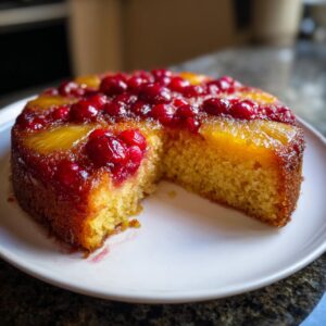 A slice is missing from a moist Cranberry Pineapple Upside Down Cake, showcasing its golden crumb and glistening fruit topping.
