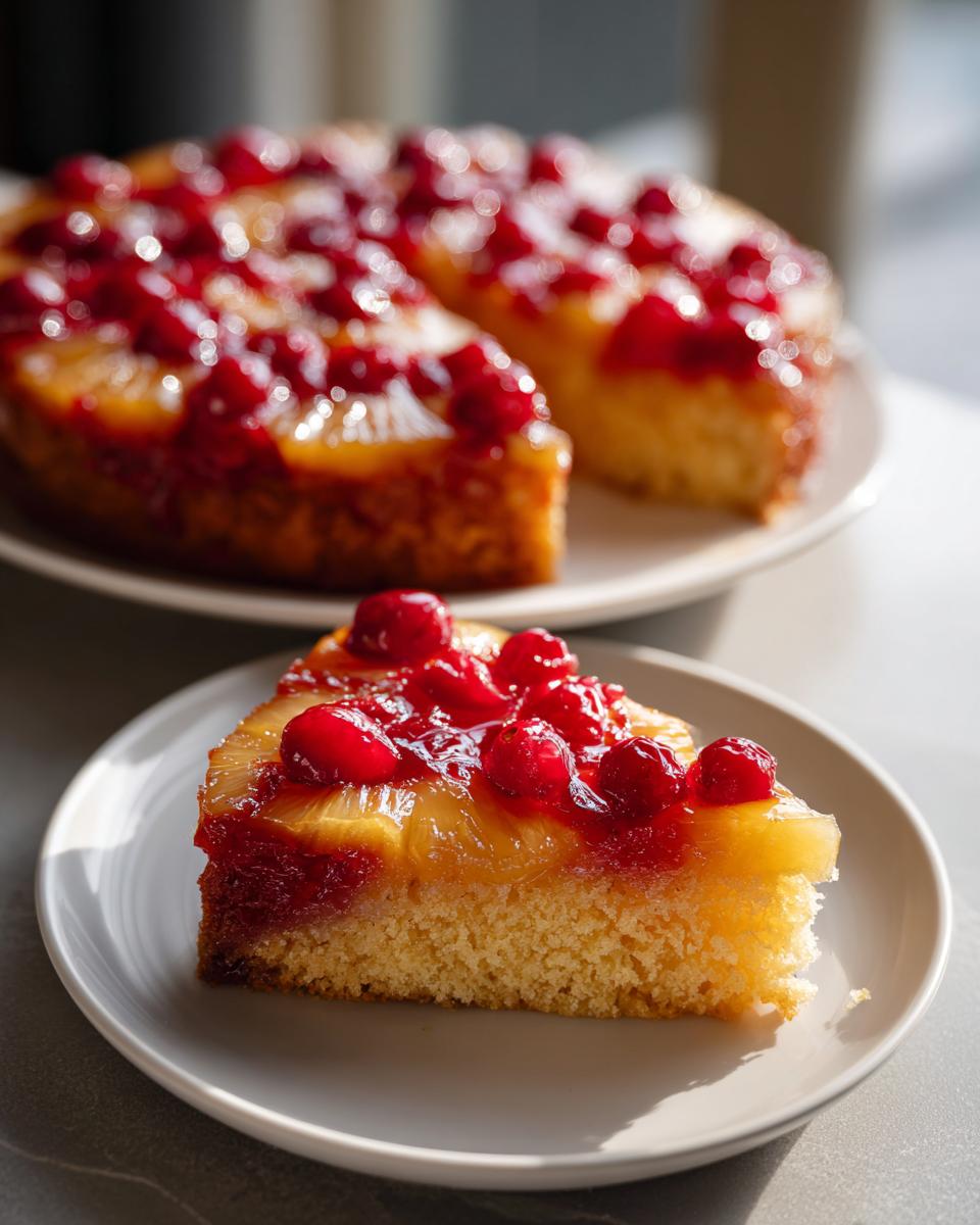 A slice of cranberry pineapple upside down cake on a plate, showcasing pineapple rings and bright red cranberries.