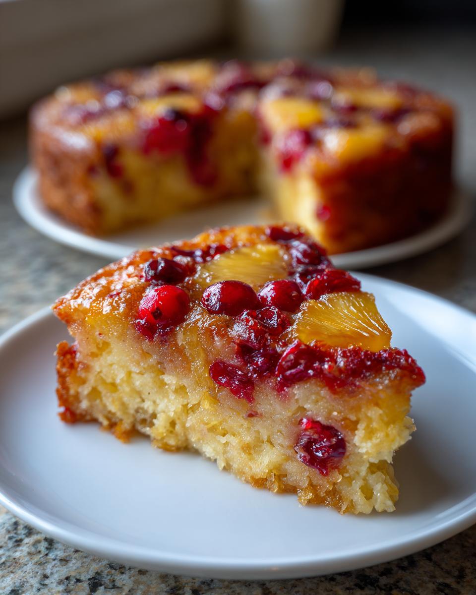 A moist slice of cranberry pineapple upside down cake on a white plate, showcasing the fruit topping and fluffy cake.