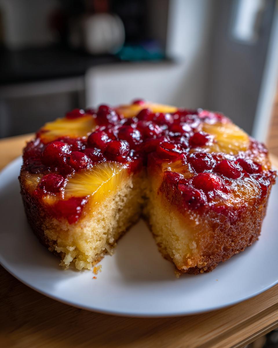 A slice of moist cranberry pineapple upside down cake on a white plate, showcasing the fruit topping and cake texture.