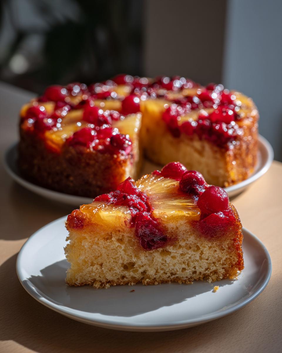 A slice of moist cranberry pineapple upside down cake on a white plate, topped with glazed pineapple rings and whole cranberries.