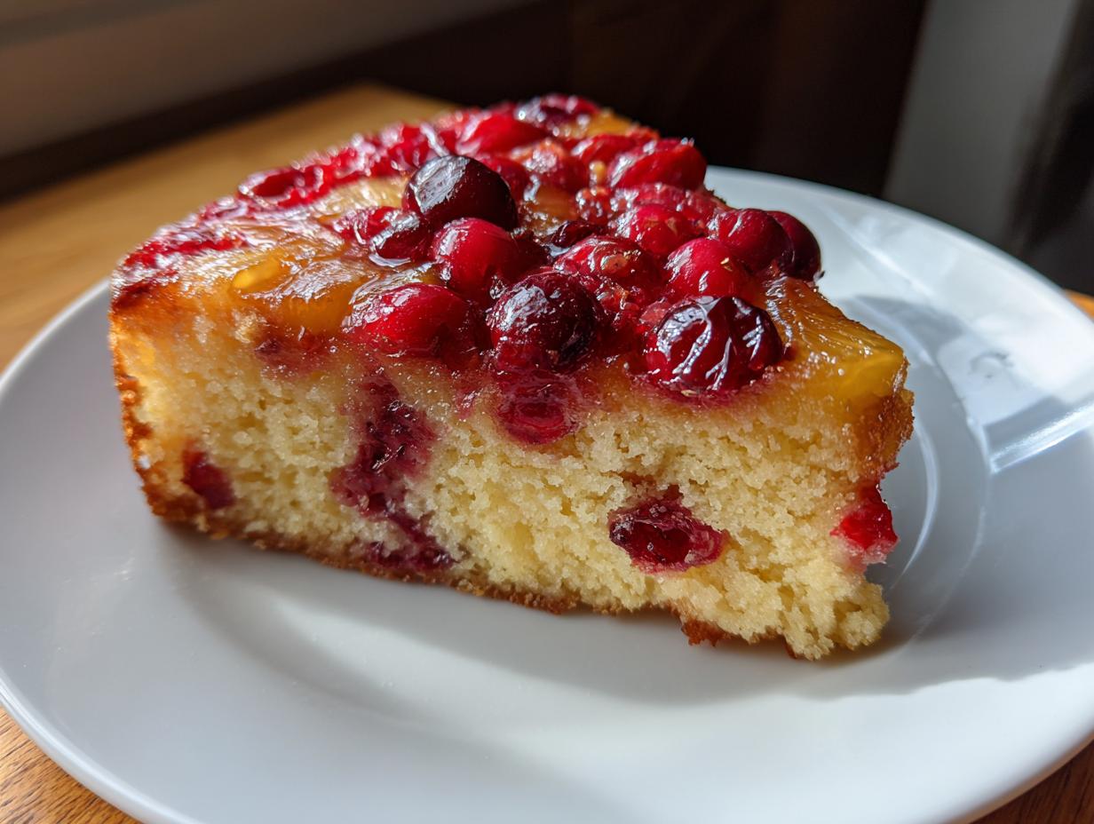 A moist slice of cranberry pineapple upside down cake on a white plate, showcasing the vibrant red cranberries and golden pineapple topping.