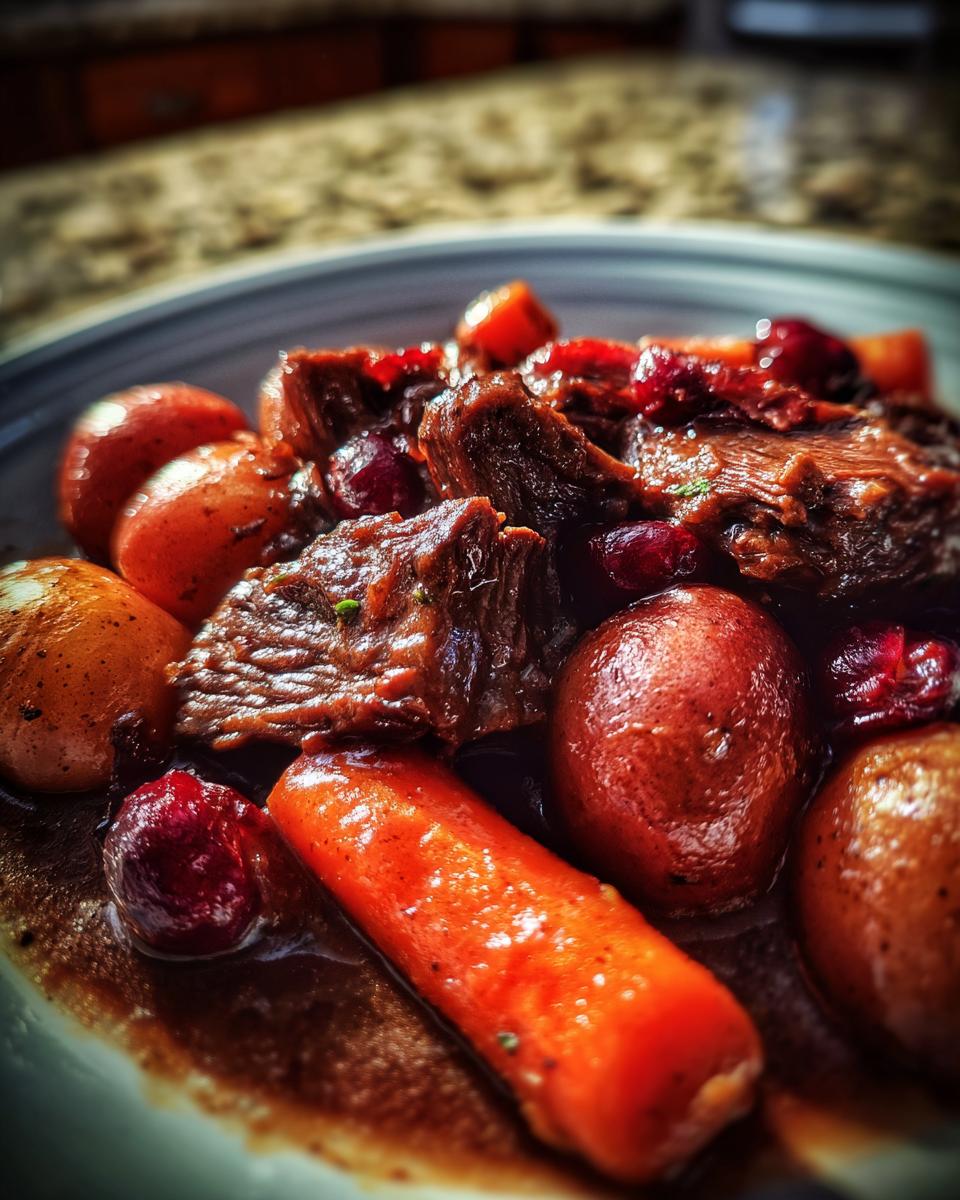 A close-up of a plate of tender cranberry pot roast with small red potatoes and carrots in a rich sauce.